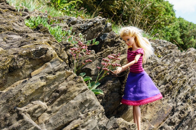 Barbie Emma schaut sich Blumen an, die zwischen Steinen wachsen.